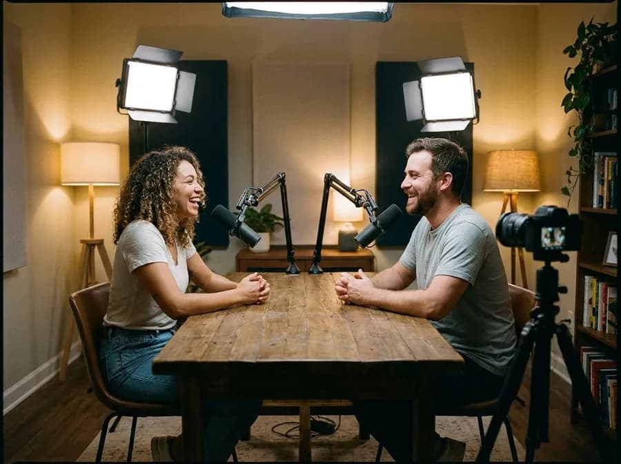 Two hosts recording a video podcast